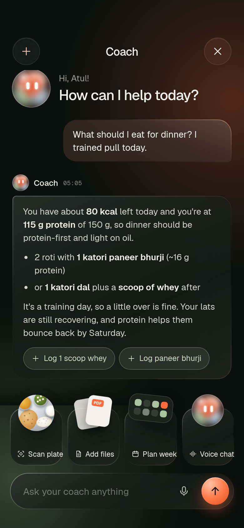 Coach chat with one-tap actions