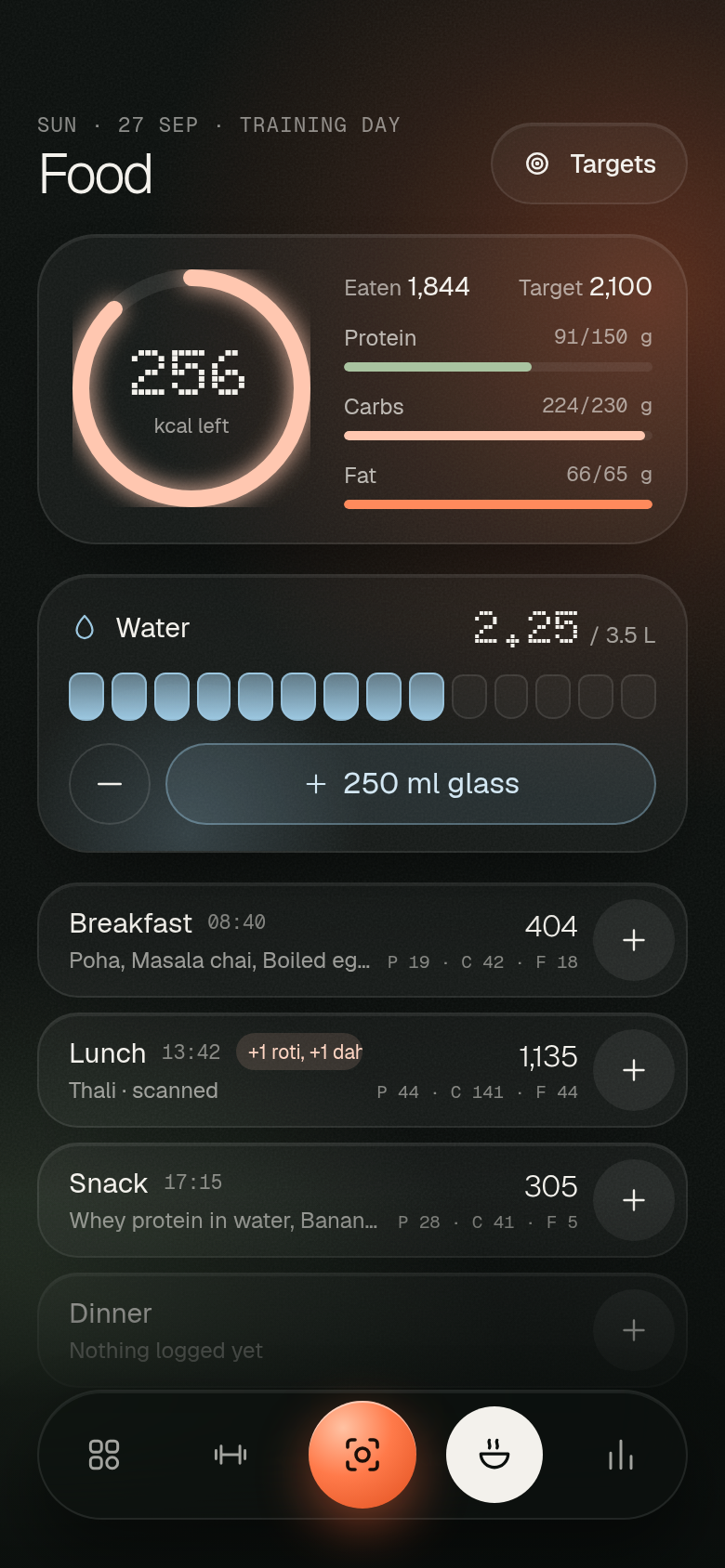 Food log with calorie ring, water and meals
