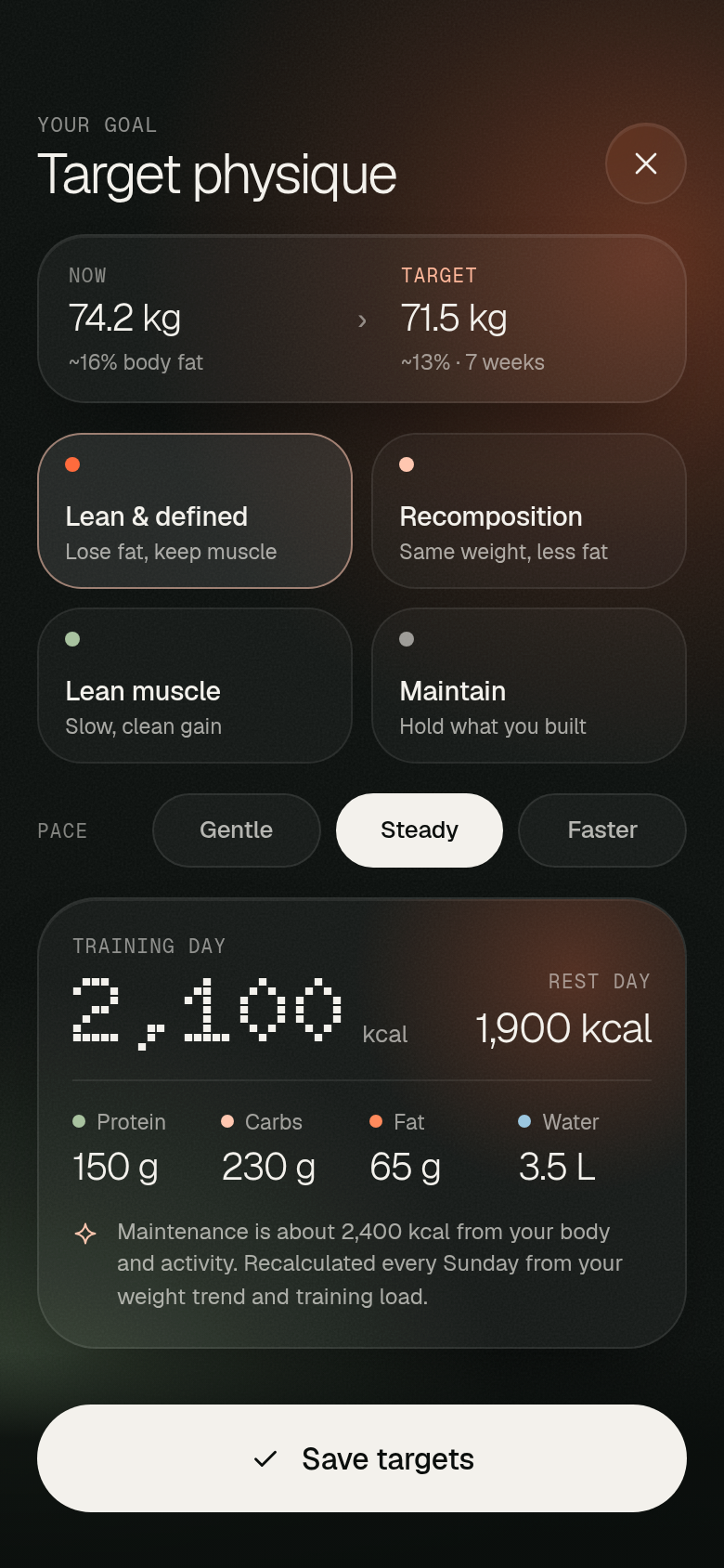 Target physique and daily targets